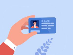employee holding id card, professional identity concept, work-life balance